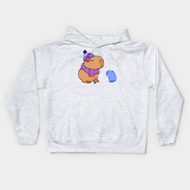 Capybara with a small snow capybara Kids Hoodie by manydoodles